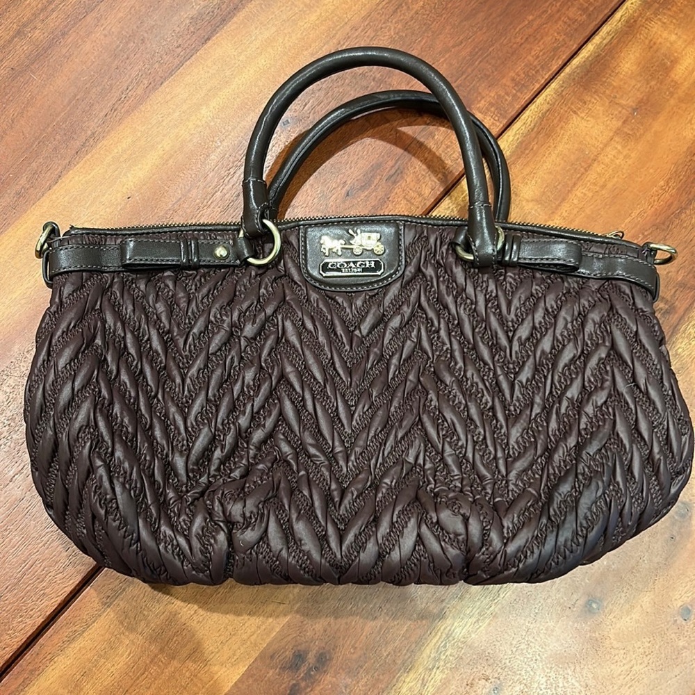 Coach quilted Madison chevron leather and nylon satchel bag / purse
